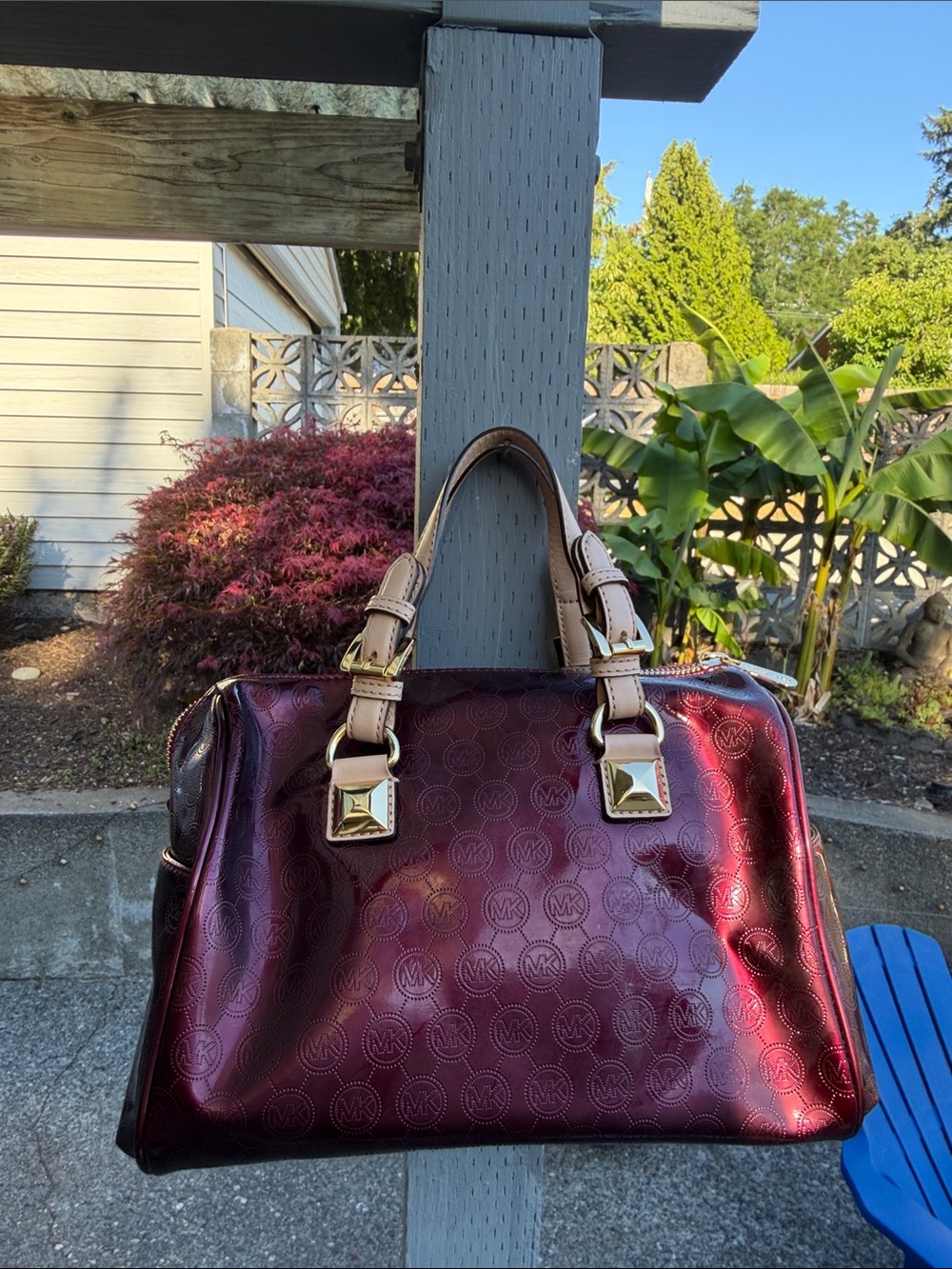 Michael Kors Grayson Barrel bag Metallic Burgundy and Tan Satchel